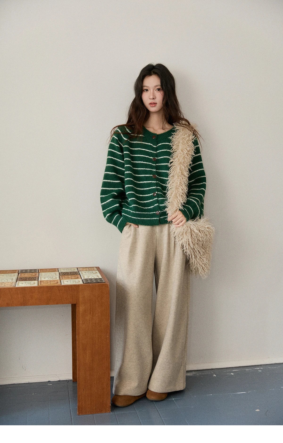 Mishow Green Striped Wool Blend Retro Cardigan MXE86Z2735