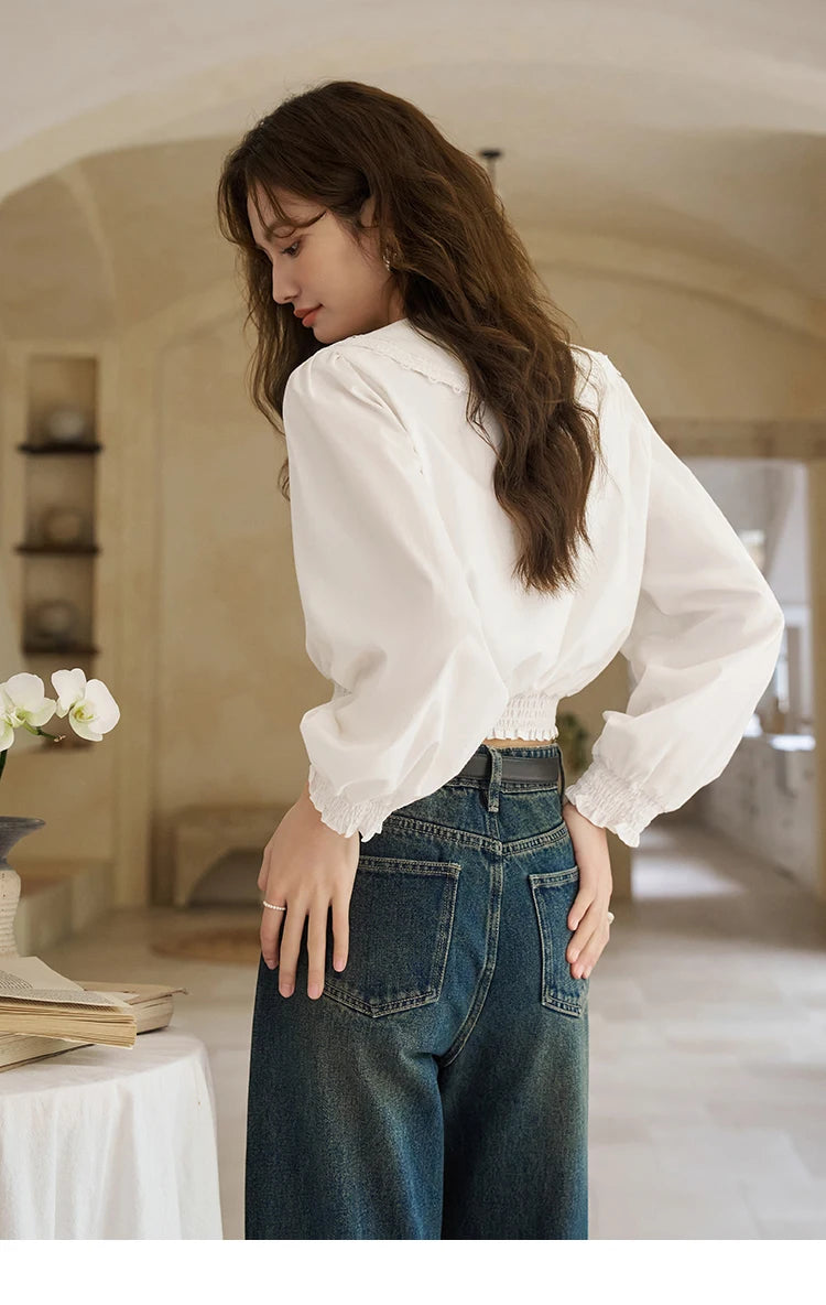 MISHOW Korean Doll Neck Shirt Lace Patchwork Bubble Sleeve Elastic Hem MXD12C0164