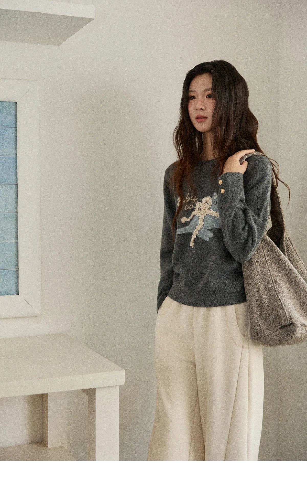 Mishow Cat Jacquard Three-Dimensional Bow Pullover MXE86Z2750