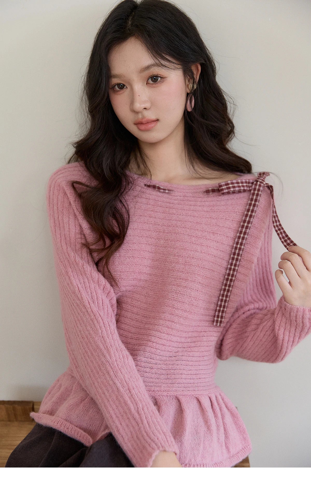 Mishow Pink Plaid Bow Peplum Ribbed Sweater MXF11Z3016