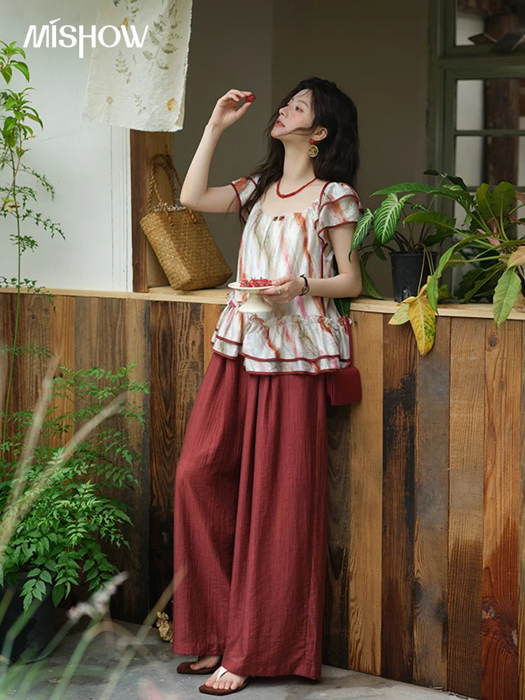 MISHOW Retro Stripe Print Blouse O-Neck Butterfly Sleeve MXE38X1862