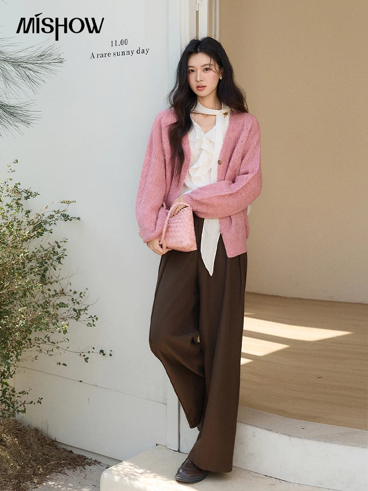 Mishow Dusty Pink V-Neck Knitted Cardigan MXF11Z2898