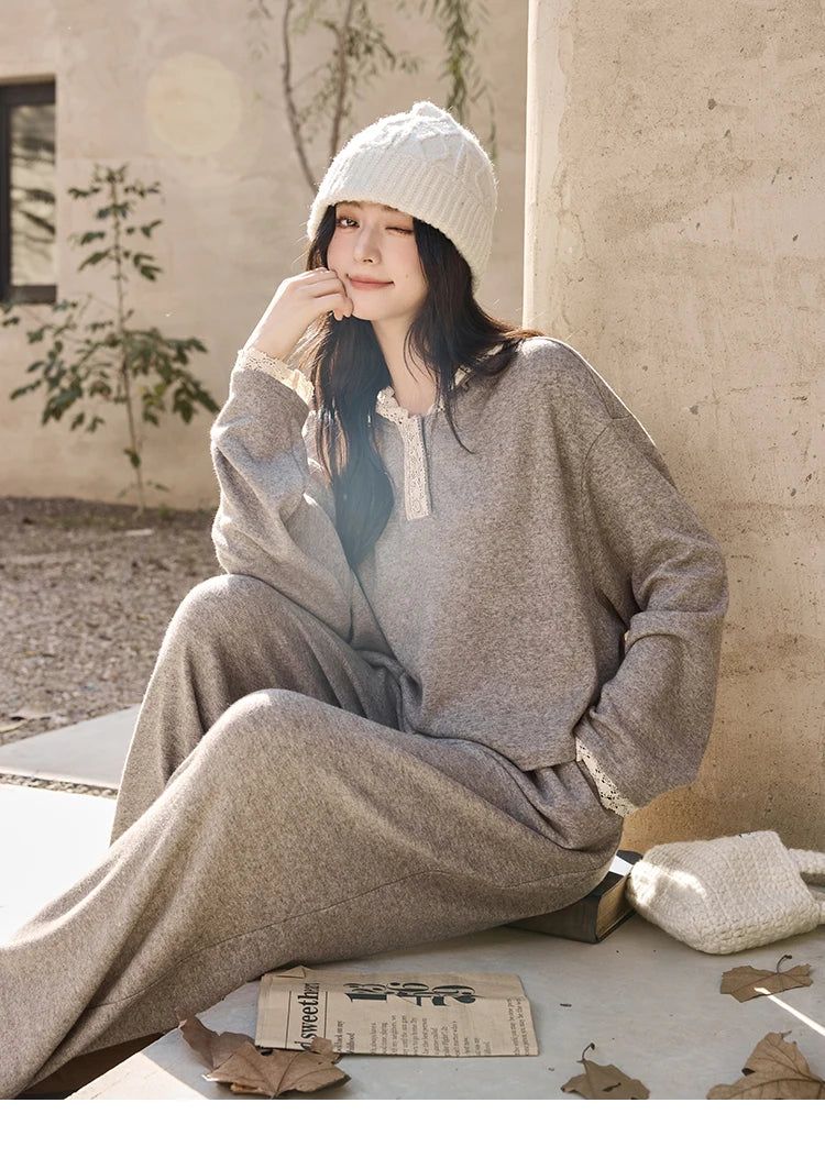 Mishow Lace Splicing Hooded Sweatshirt & Wide Leg Pants Set MXD34V0098