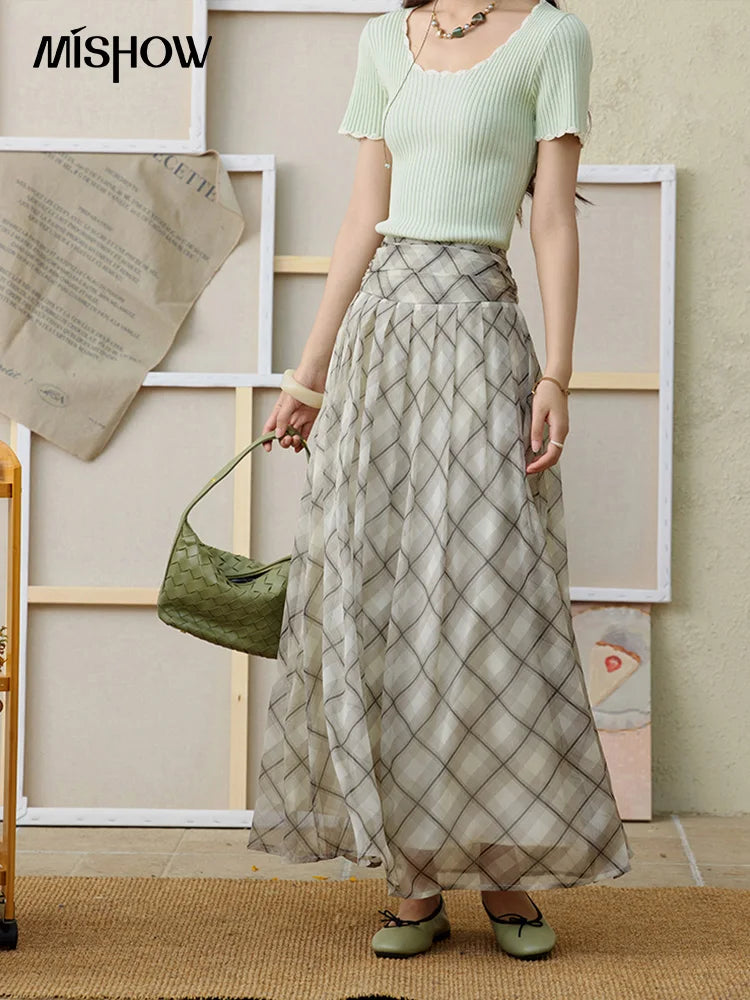 MISHOW Apricot Green Retro Plaid Skirt Pleated Chiffon High Waist A-Line MXE35B0747