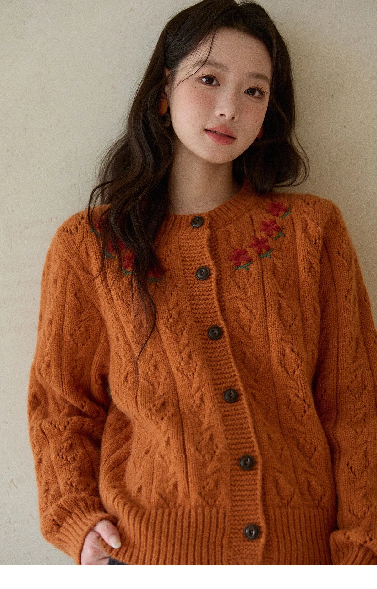 Mishow Orange Cable Knit Floral Embroidery Cardigan MXE86Z2737