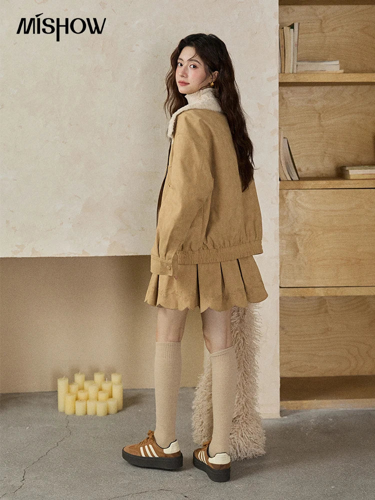 Mishow French Yellow Floral Embroidered Plush Zip-Up Coat MXE87W0932