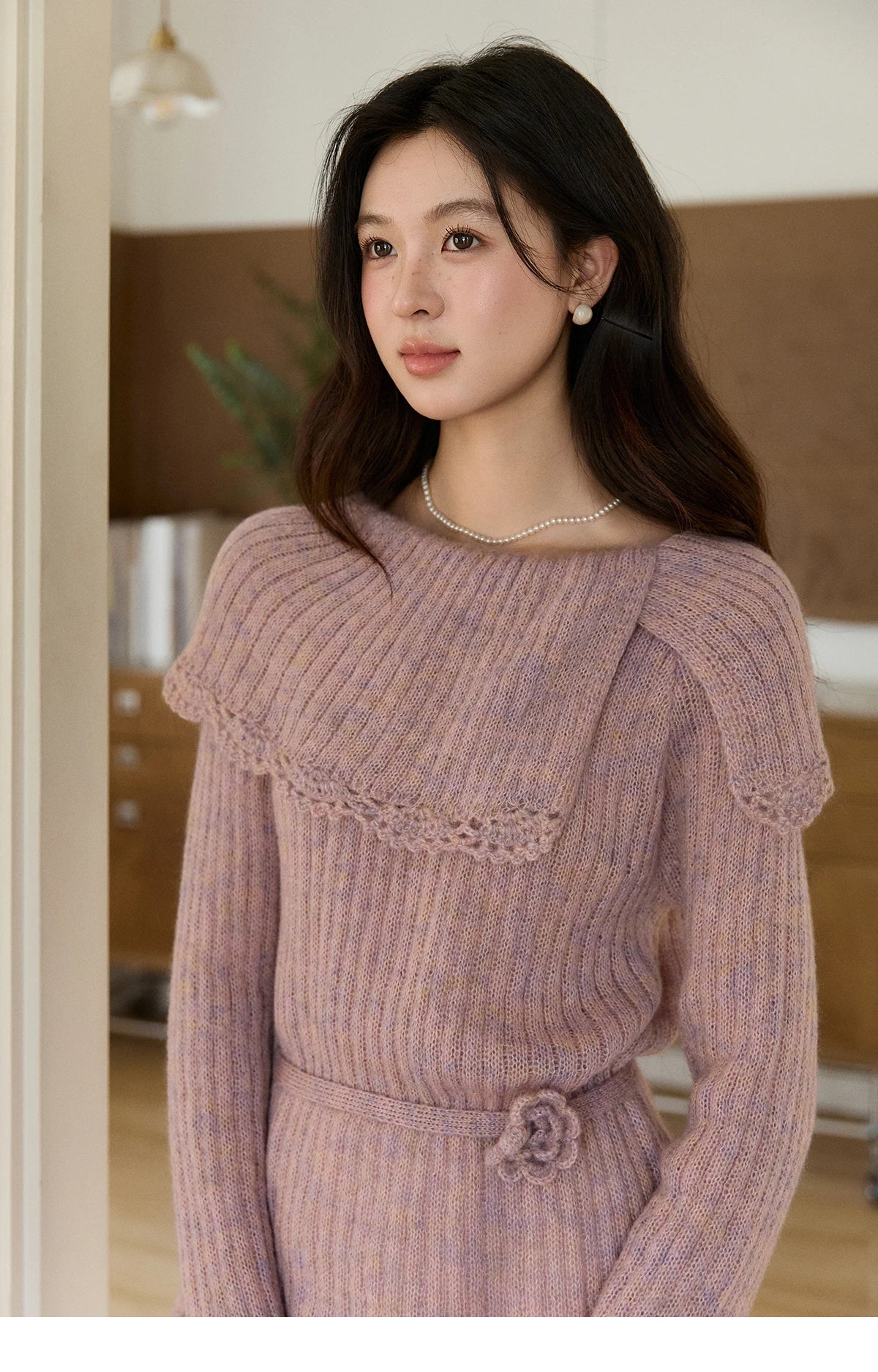Mishow Pink Large Collar Lace Belted Pullover MXF11Z2901