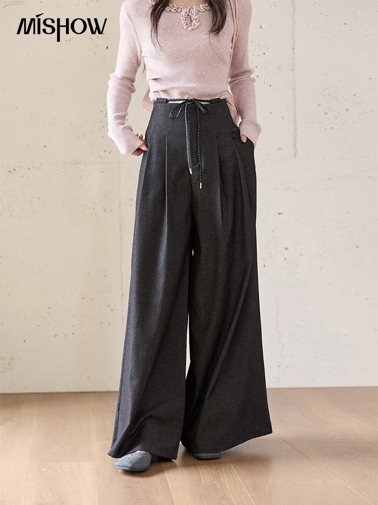 MISHOW Gray Wide-Leg Pants Lace-Up High Waist Slim MXE51K1106