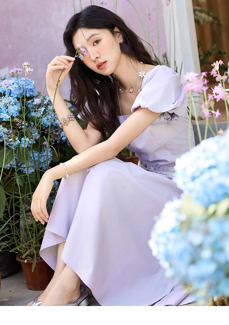 Mishow French Purple Puff Sleeve Square Neck Dress MXE34L2222