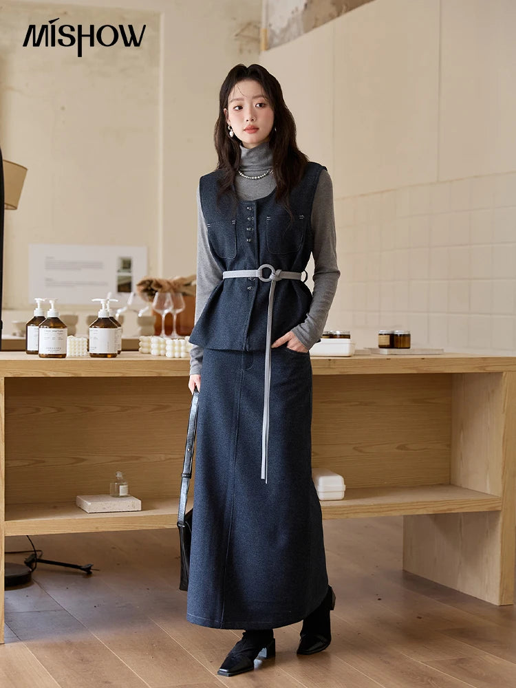 Mishow Blue Sleeveless Vest & Knit Top & Midi Skirt 3-Piece Set MXE49T1421