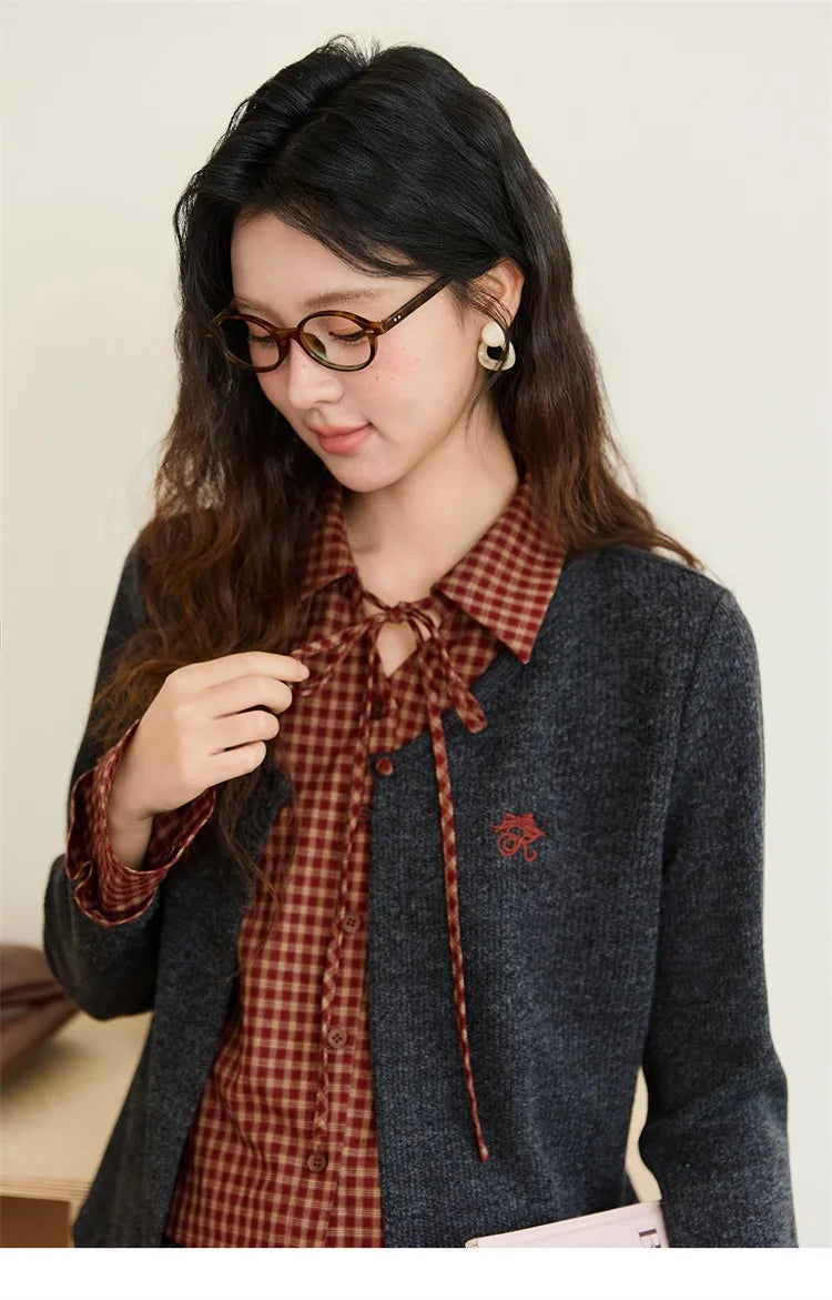 MISHOW Fake Two Knitted Sweater Plaid Splicing Flare Sleeve MXE45Z1401