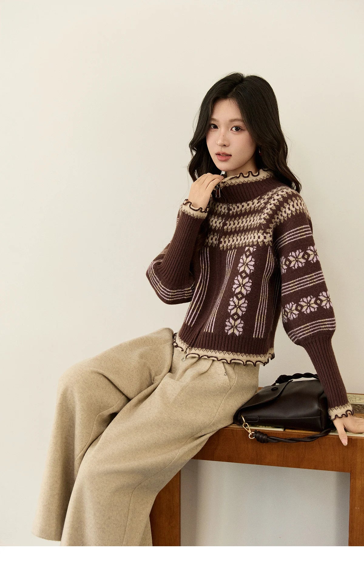 Mishow Brown Fair Isle Lantern Sleeve Zipper Top MXE91Z2868