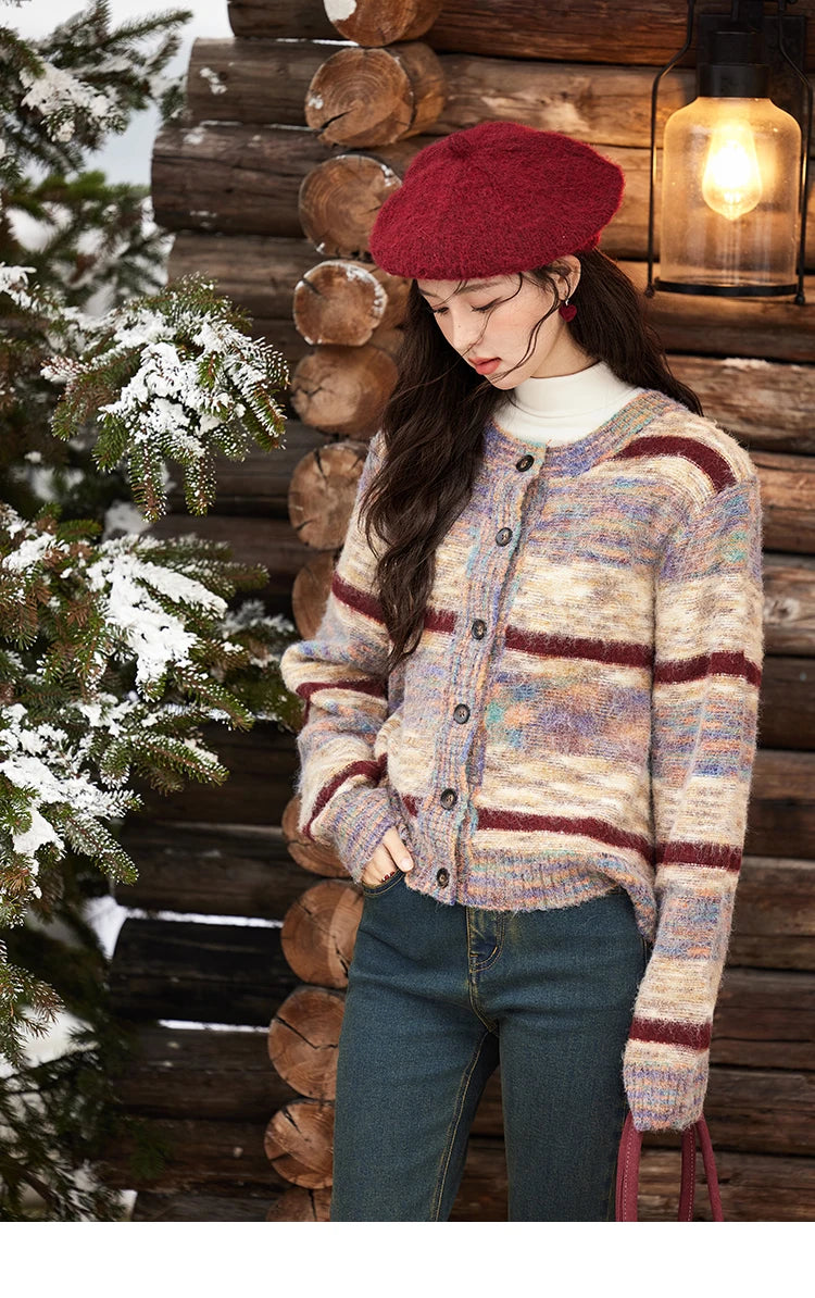 Mishow Striped Contrast Color O-Neck Cardigan MXD59Z1061