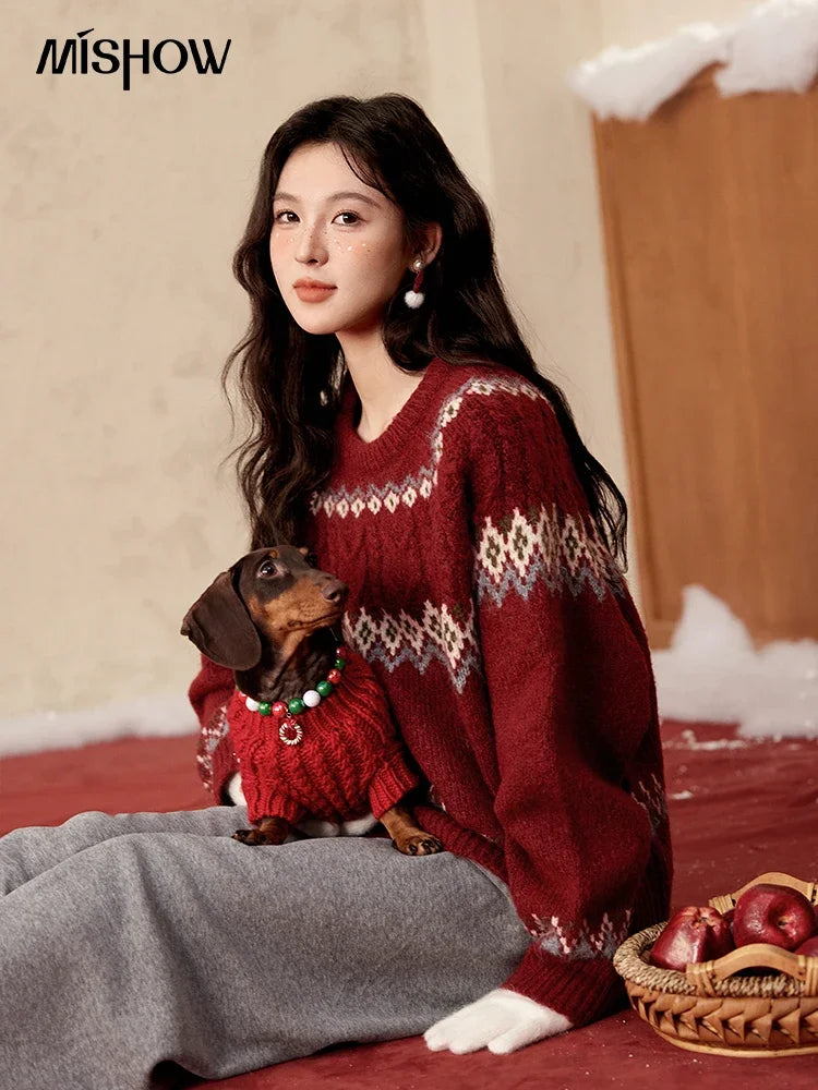 Mishow Red Fair Isle Raglan Sleeve Sweater MXD58Z1035