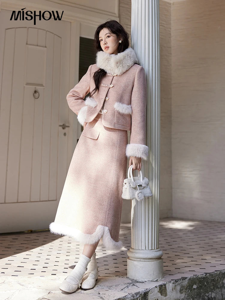 Mishow New Chinese Tweed Coat & Midi Skirt Set MXD54W0583