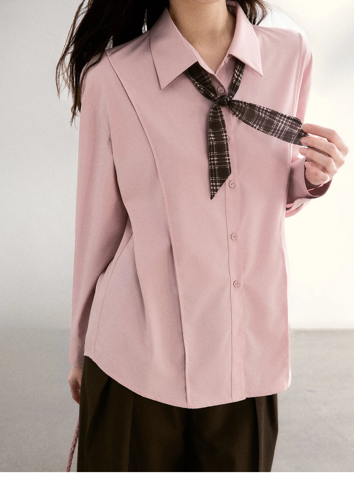 MISHOW Casual Loose Shirt with Plaid Scarf Lapel Top MXF108C0815