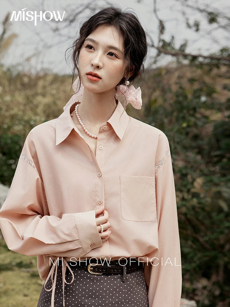 MISHOW Pink Long Sleeve Shirt Lace Bow Tie MXE16C0767