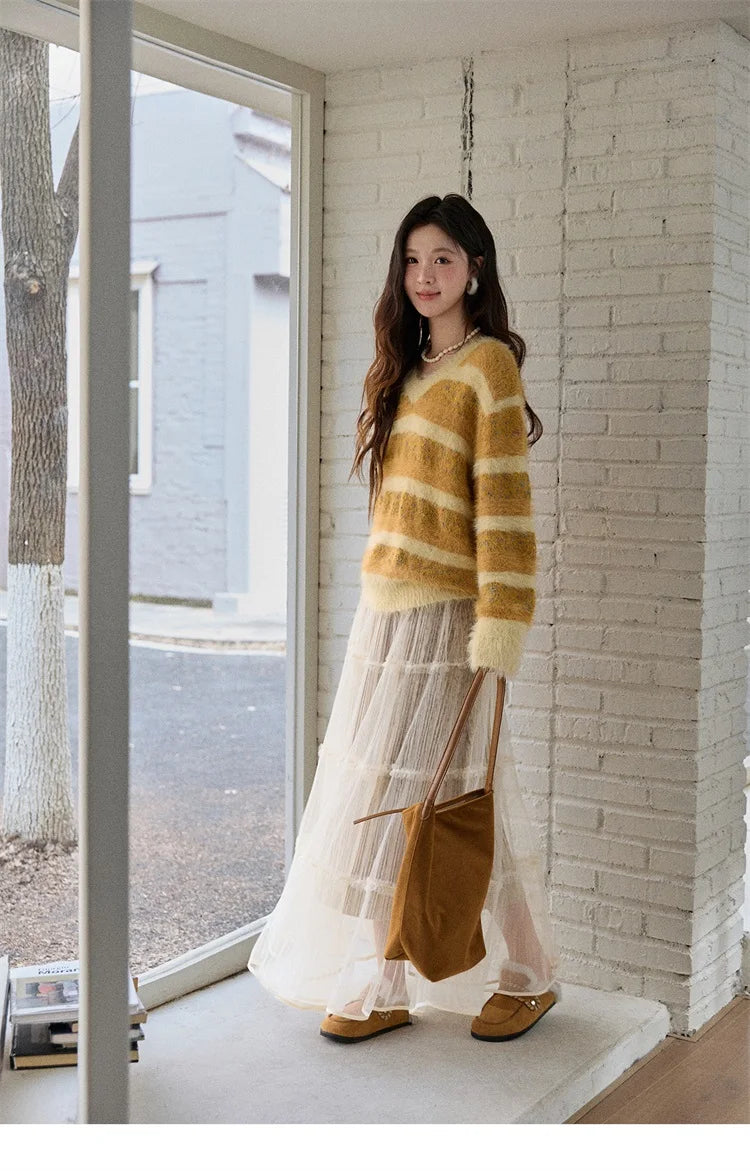Mishow Retro Yellow Striped Faux Mink Jacquard Sweater MXE87Z2766