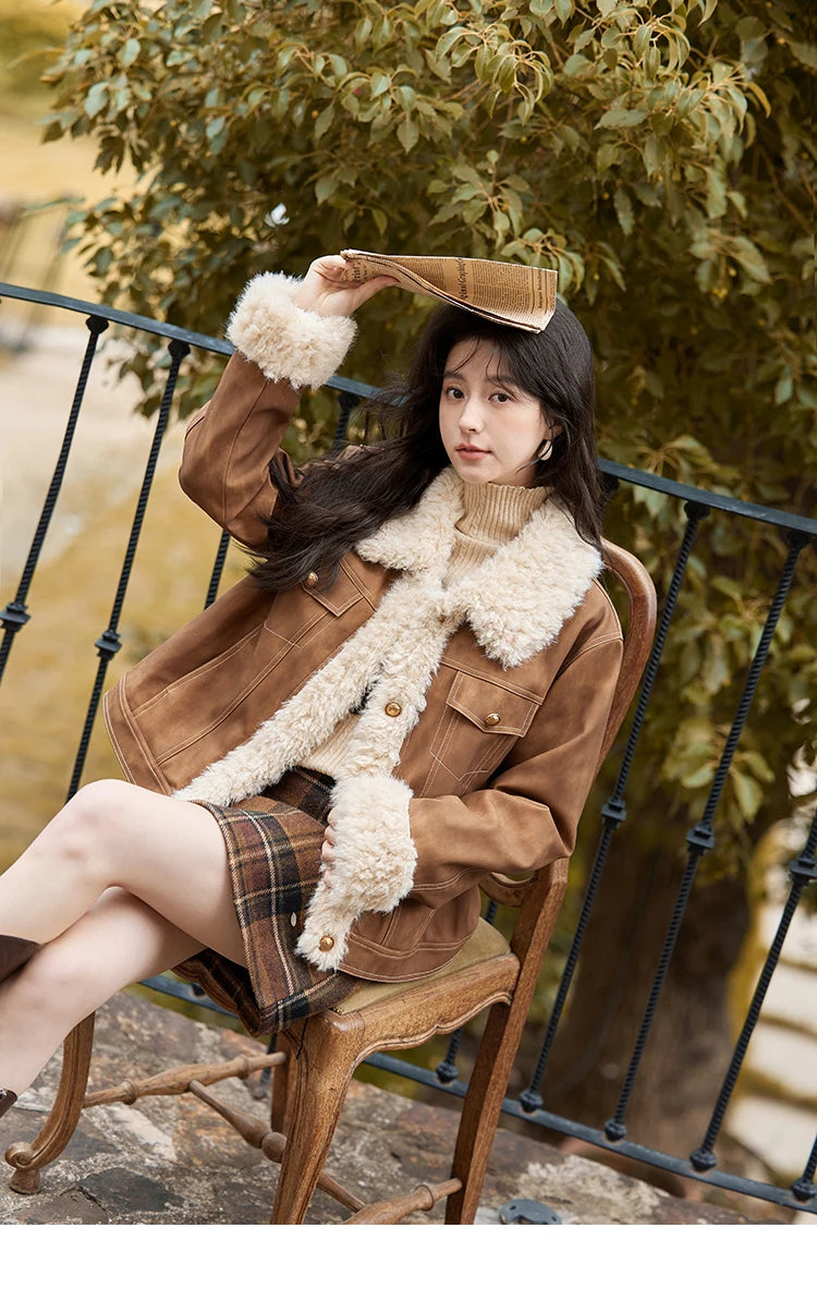 Mishow Leather Fur Lamb Wool Spliced Jacket MXD56W0538