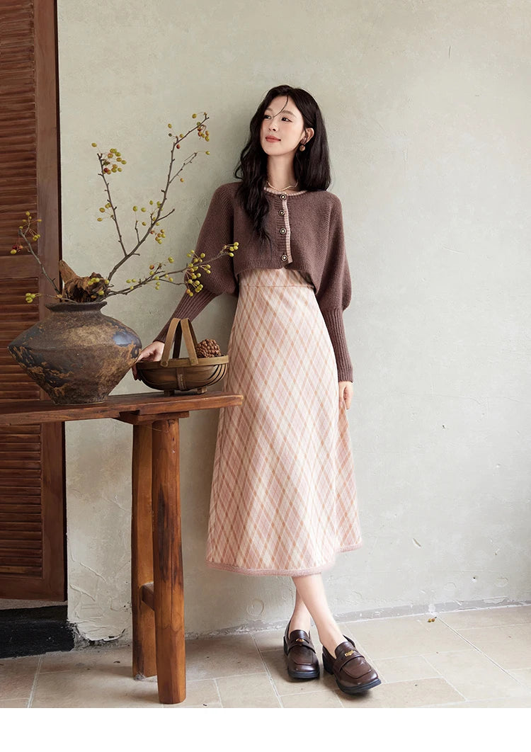 Mishow French Knitted Cardigan & Plaid Camisole Dress Set MXD43L2012