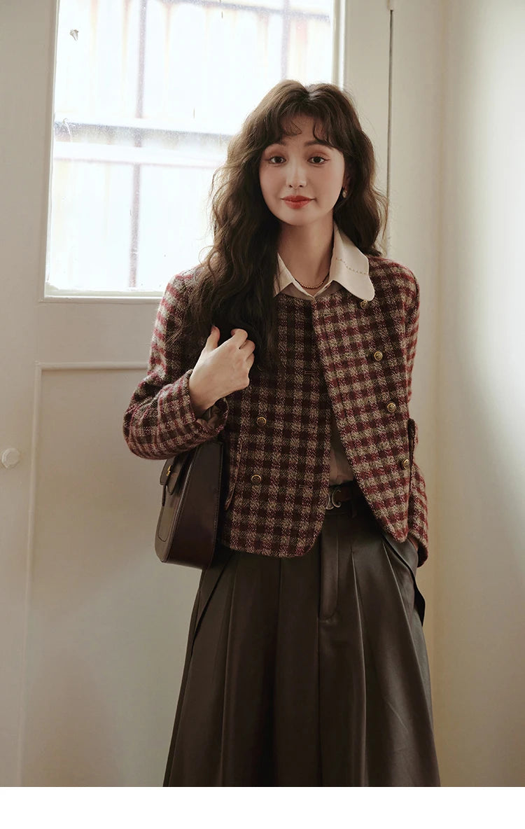 Mishow Vintage French Crop Plaid Woolen Top MXC48W0175