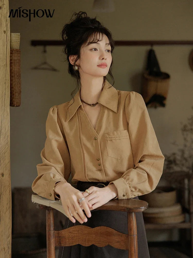 MISHOW French Lapel V-Neck Shirt Retro Button Pockets MXD43C0306