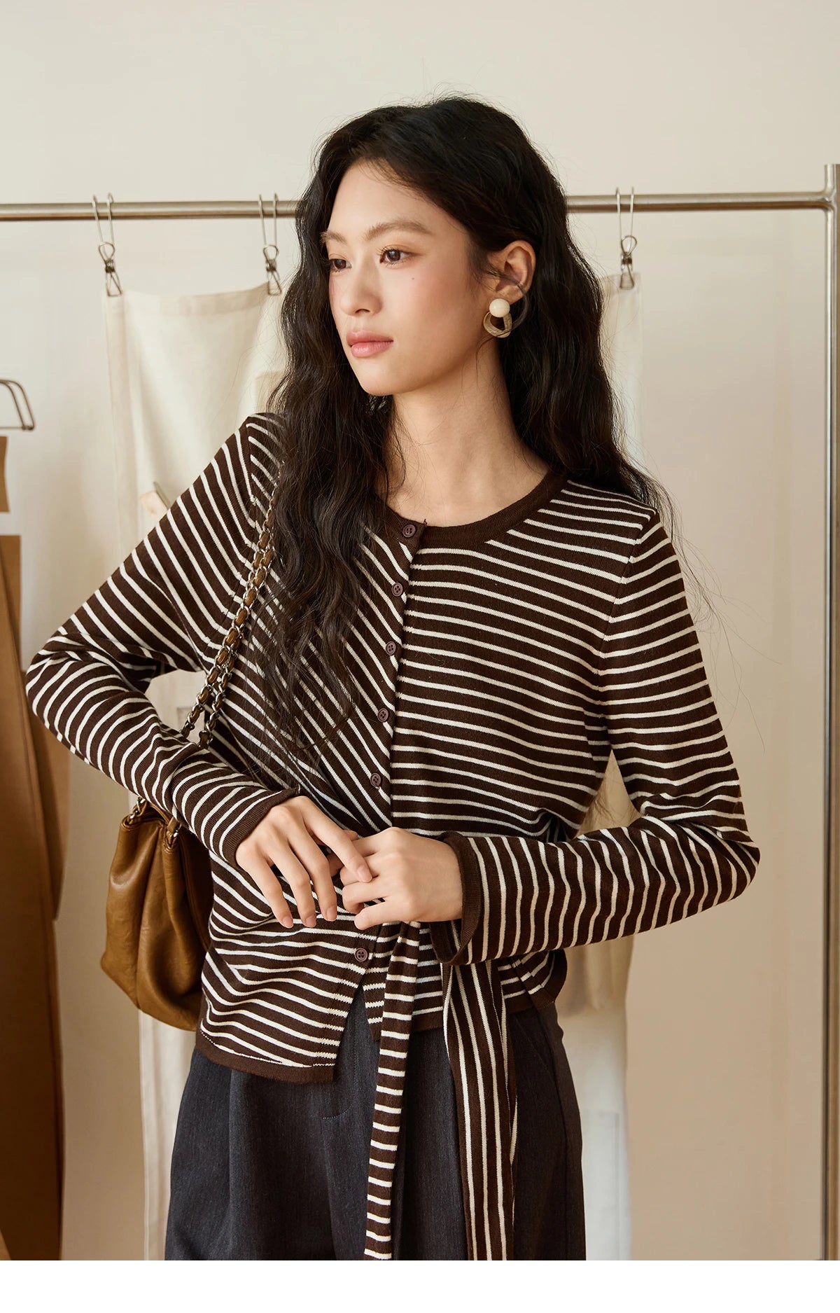 Mishow Coffee Striped Knitted Cardigan Sweater MXE46Z2537