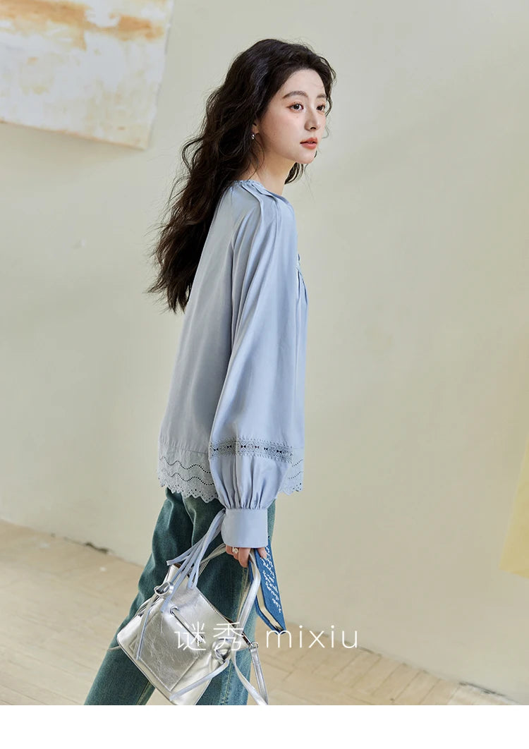 MISHOW Blue Lace Patchwork Shirt Wave Edge Lantern Sleeve MXE14X1716