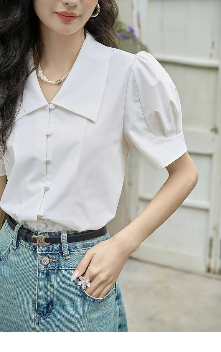 MISHOW Bubble Sleeve V-Neck Shirt Lapel Collar Loose MXD28X1471