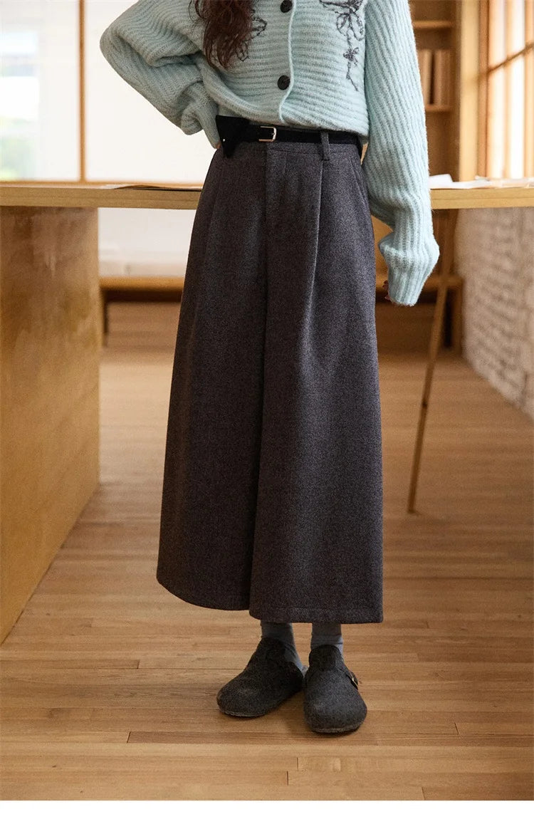 MISHOW Gray Wool Wide-Leg Pants High-Waisted Cropped MXE90K1128