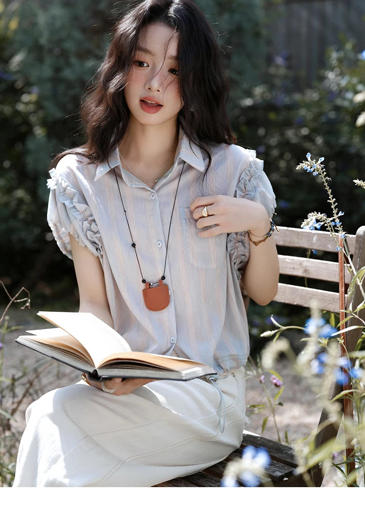 MISHOW Striped Short Sleeve Shirt Turn-Down Collar MXE38C2347
