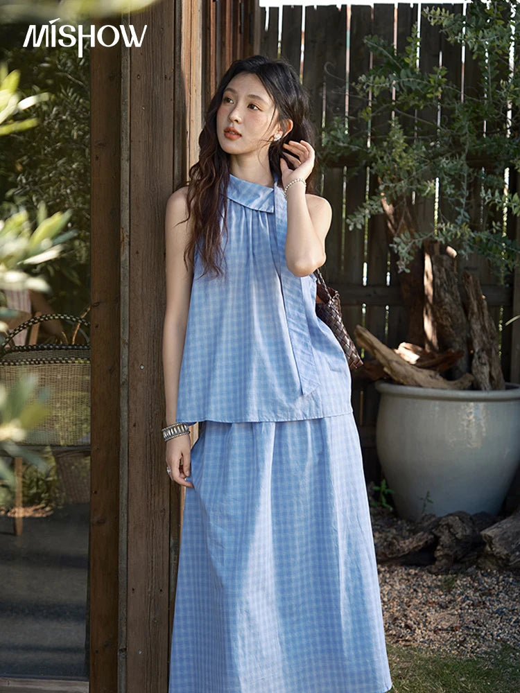 Mishow Plaid Hanging Neck Button Top & A-Line Skirt Set MXE39T0711