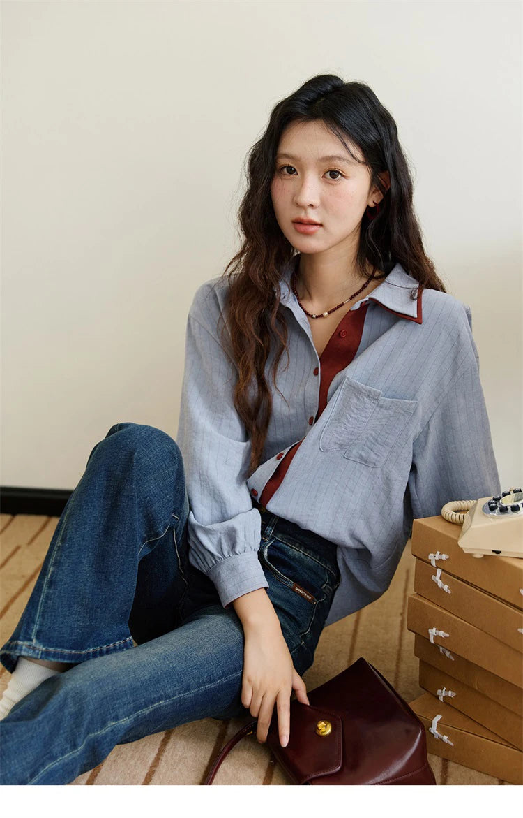 MISHOW Blue Red Striped Shirt Contrast Splicing Lapel MXE46C2405