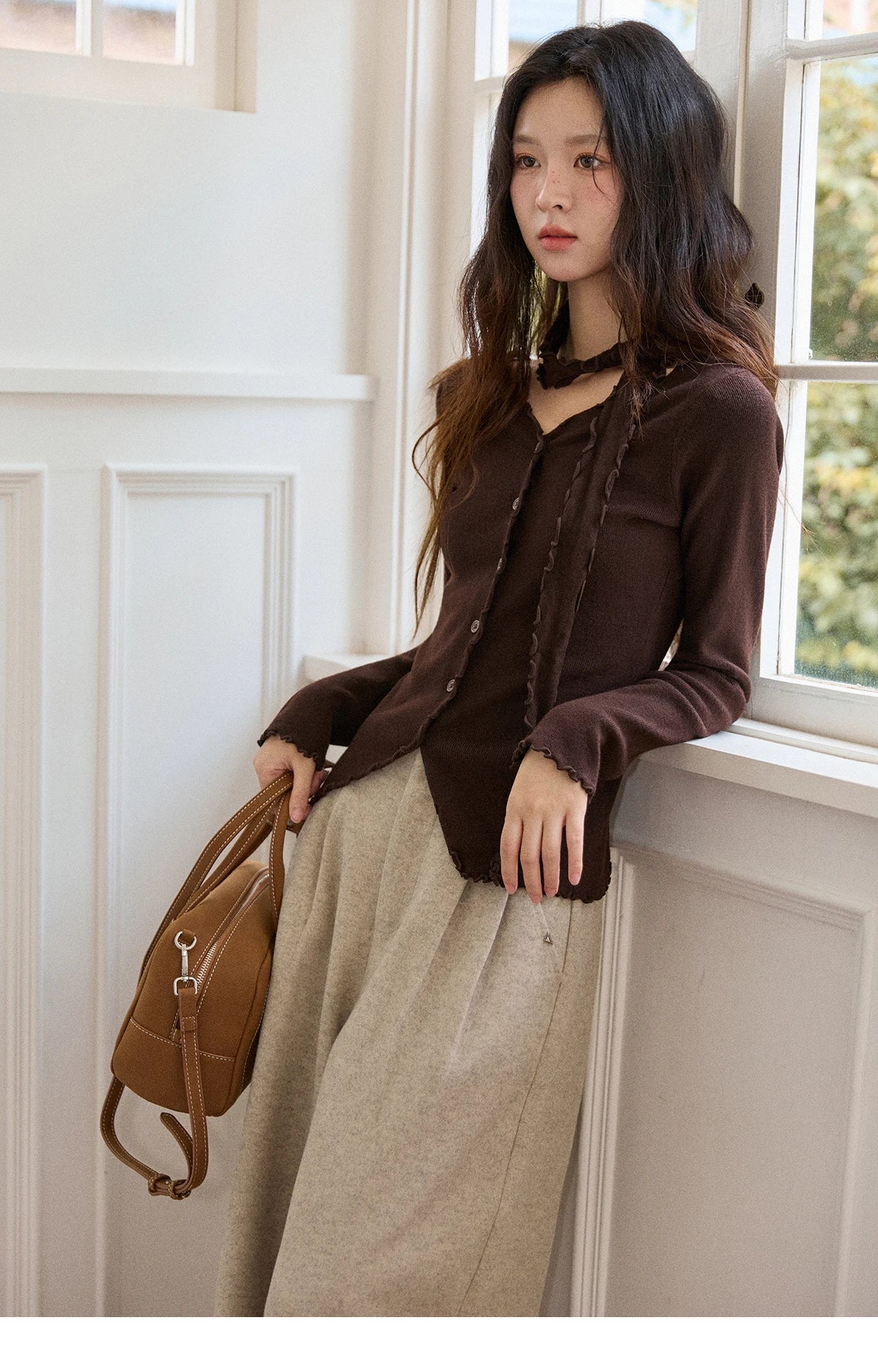 Mishow Ruffled Edge V-Neck Ribbon Knit Pullover MXE86Z2728