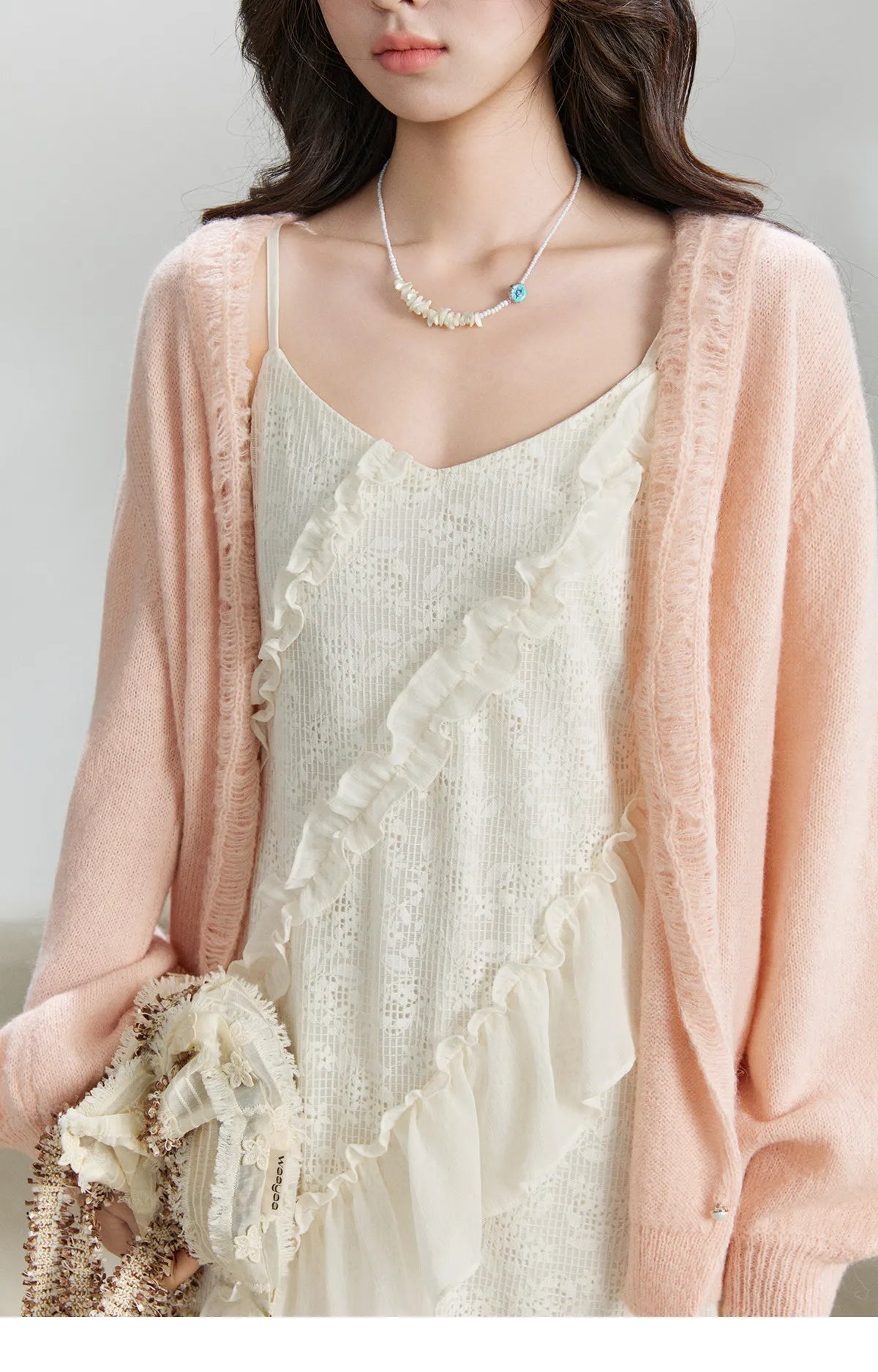 Mishow Cream Irregular Lace Ruffled Slip Dress MXF108L1005