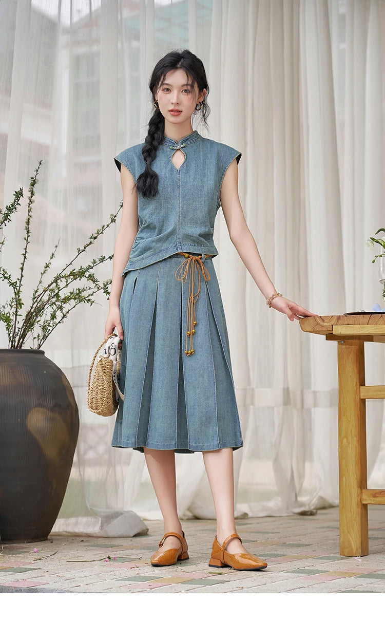Mishow Chinese Stand Collar Vest & Pleated Denim Skirt Set MXD21X1465