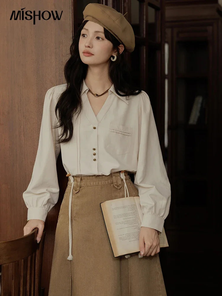 MISHOW French Lapel V-Neck Shirt Retro Button Pockets MXD43C0306