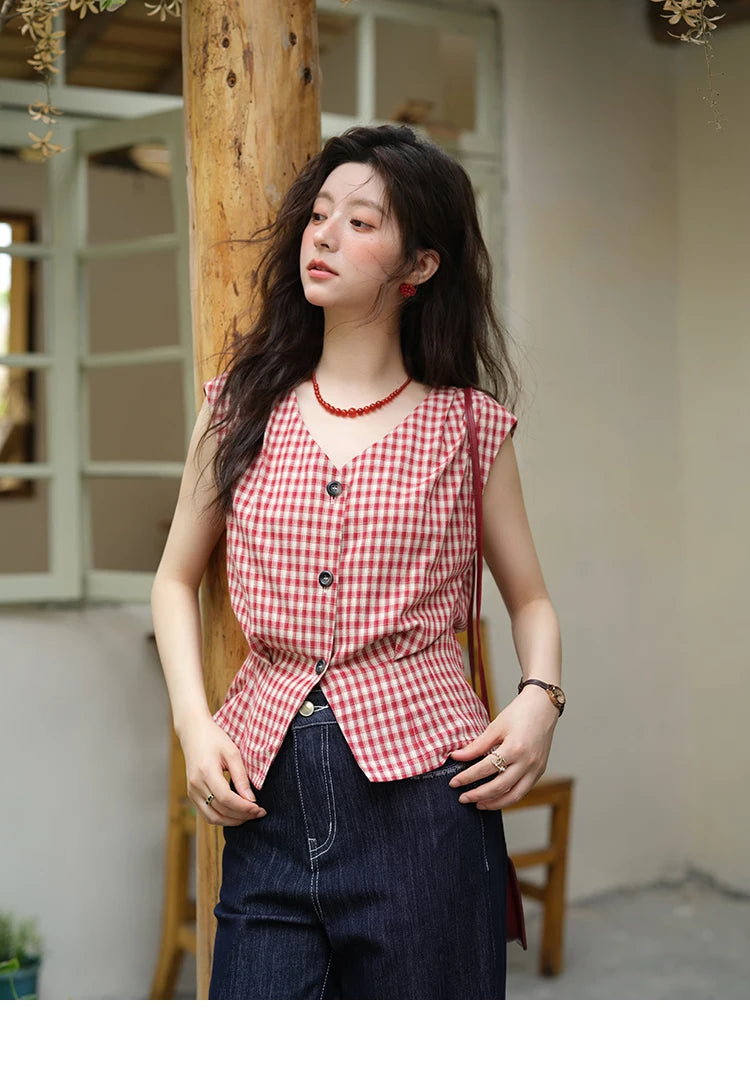 MISHOW Red Plaid V-Neck Shirt Button Front MXE37X1921