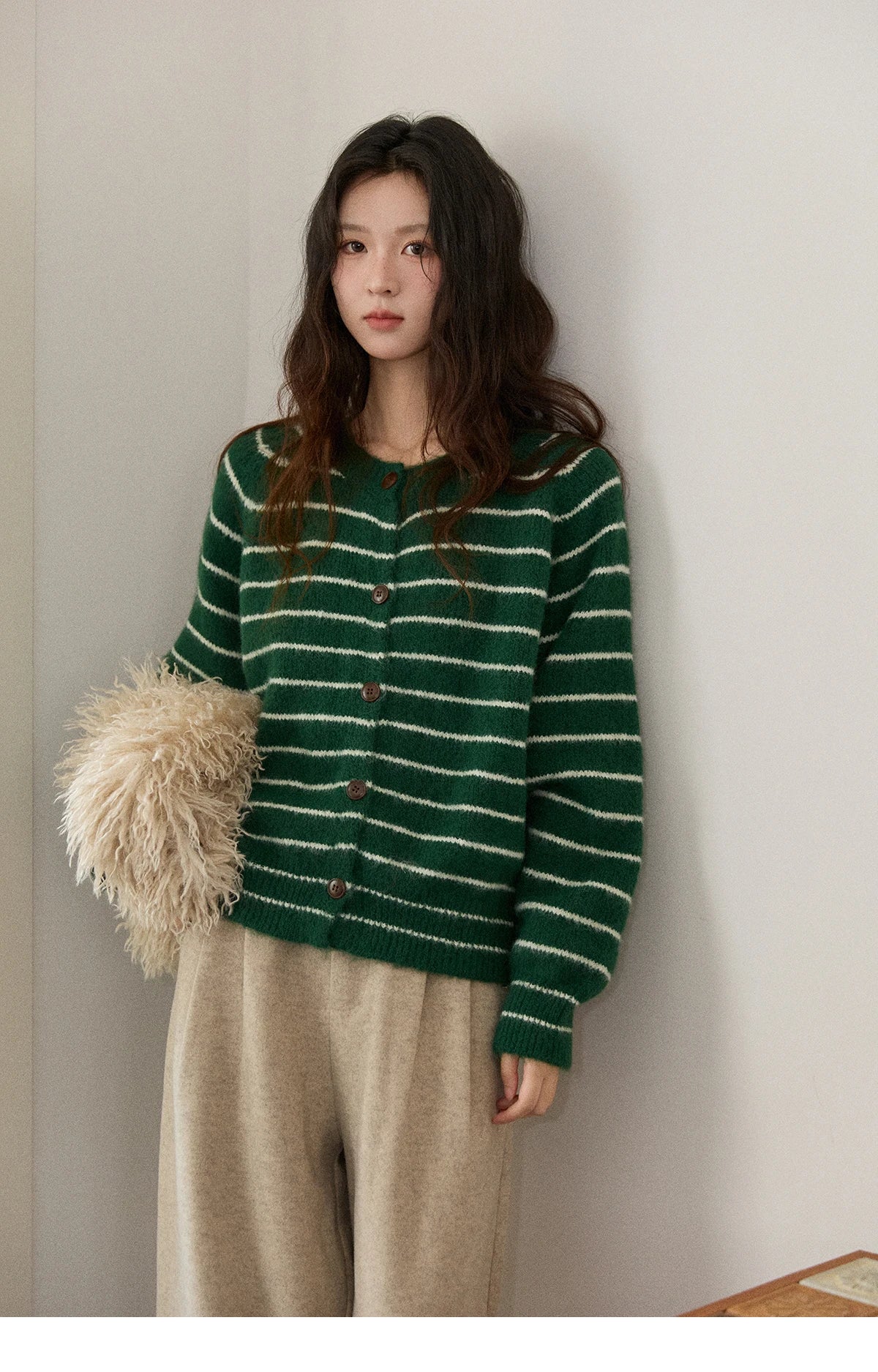Mishow Green Striped Wool Blend Retro Cardigan MXE86Z2735