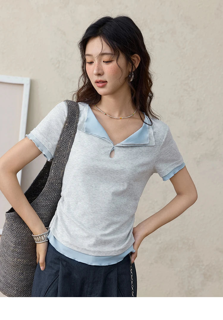 Mishow Grey Blue Fake Two-Piece Wavy Edge Tee MXE35T0567