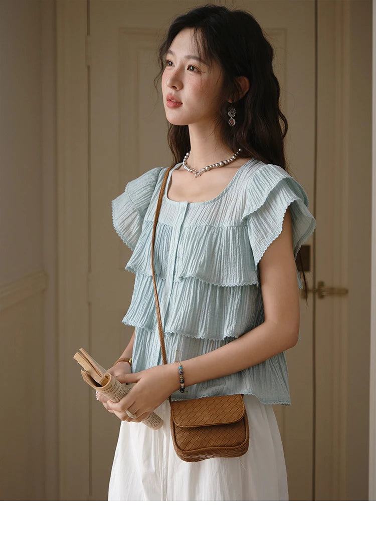 MISHOW Butterfly Sleeve Chiffon Shirt Square Neck Button MXD30X1488
