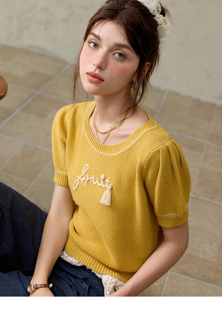 Mishow French Letter Short Sleeve Round Neck Pullover MXE33Z1219