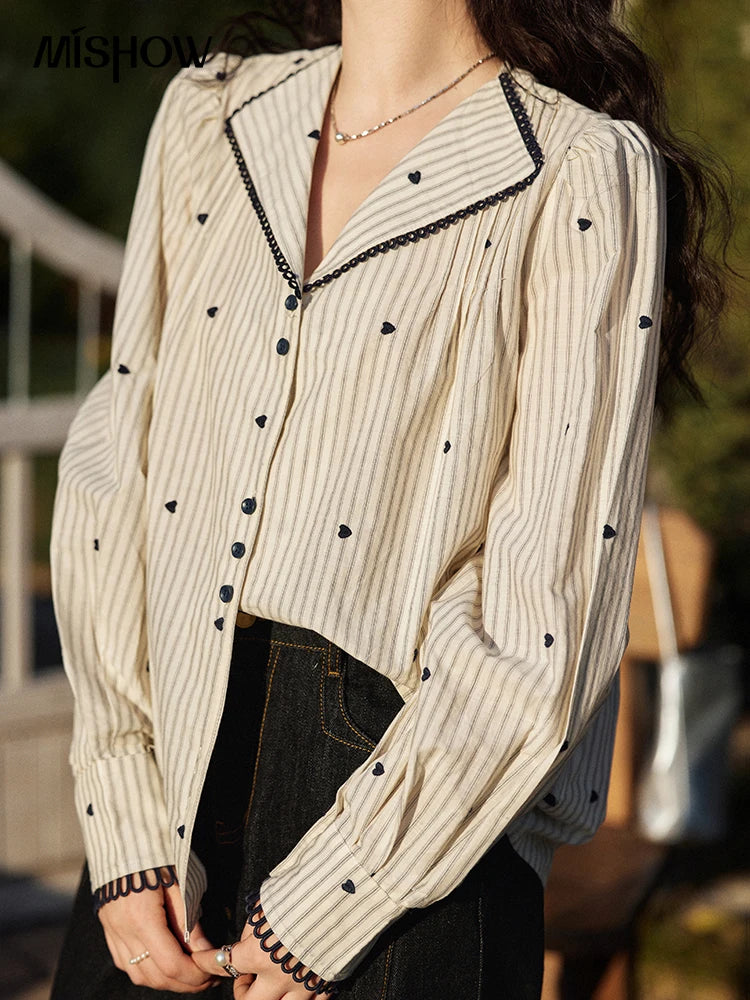 MISHOW Striped Bubble Sleeve Shirt Love Embroidered MXE12C0390