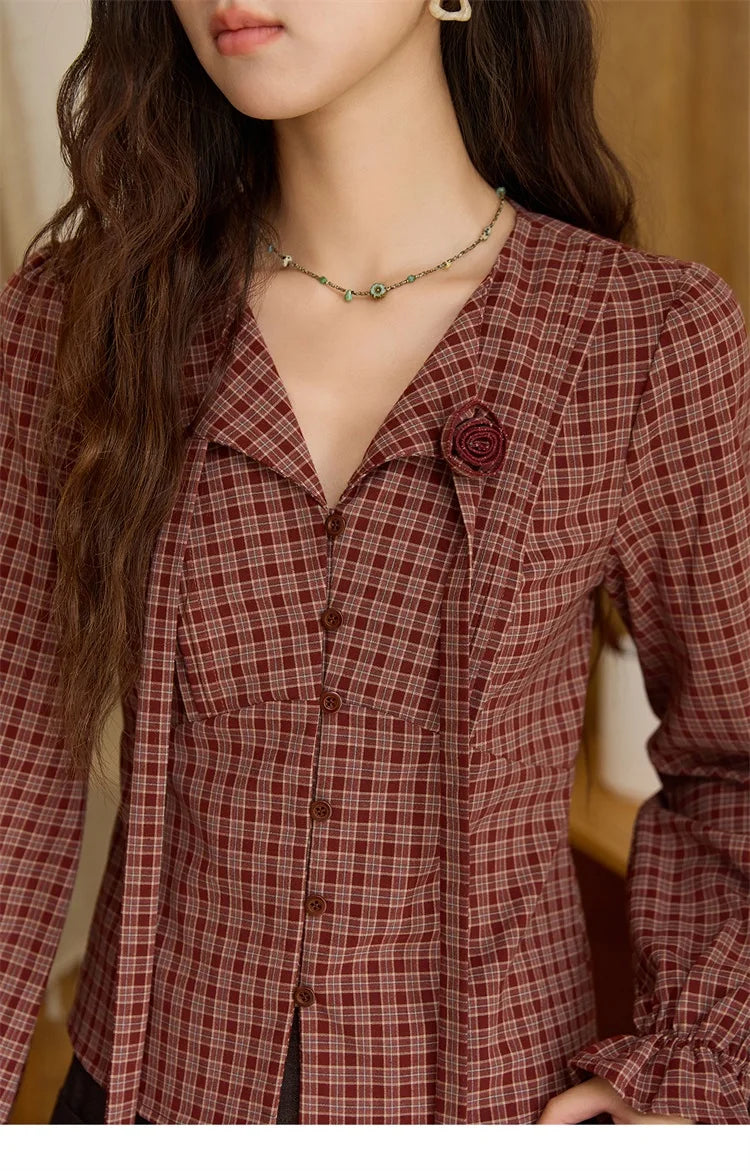 MISHOW Red Tied Plaid Shirt 3D Floral Detail MXE45X2481