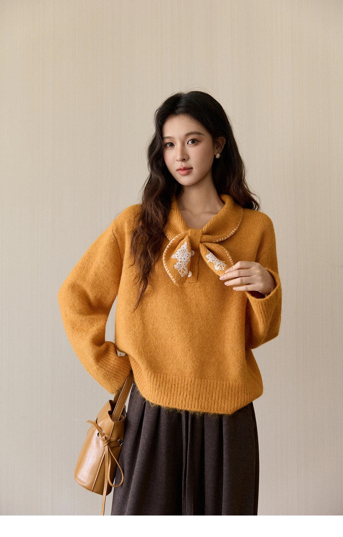 Mishow Yellow Bow Collar Lace Splicing Sweater MXE94Z2971