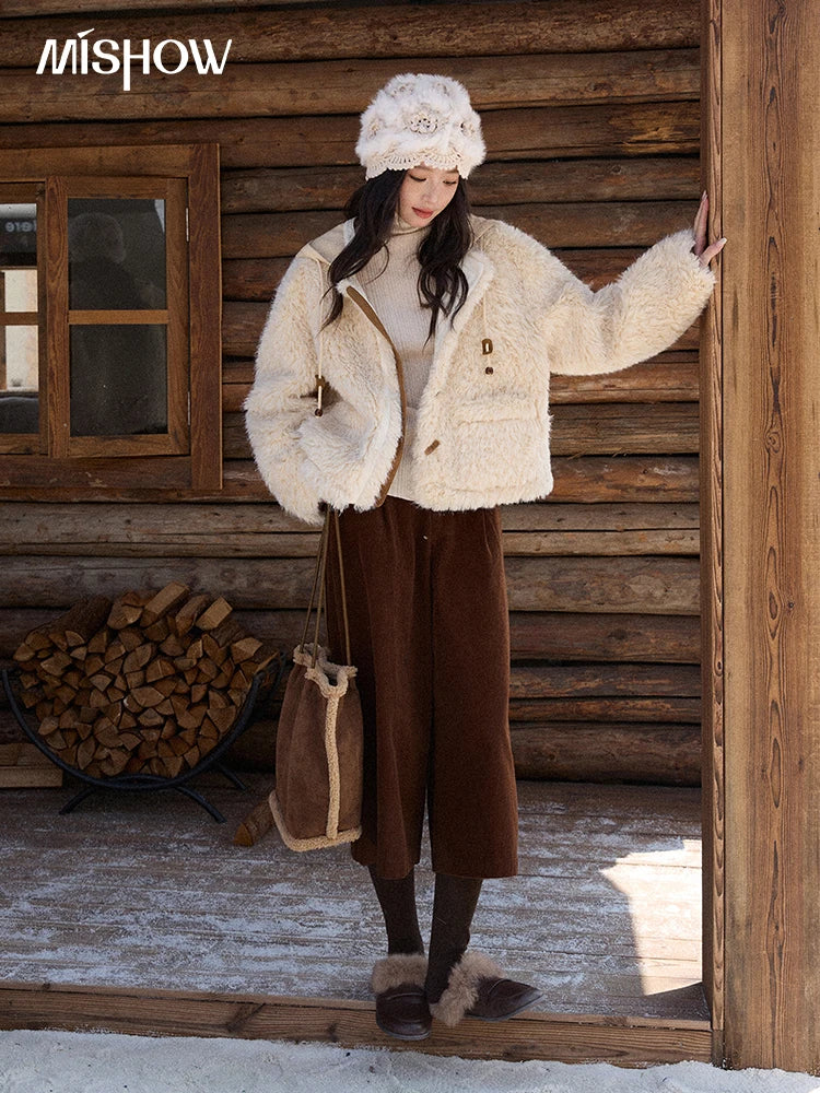 MISHOW Beige Knitted Hooded Plush Coat Warm Windproof MXE86W0908
