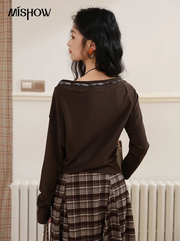 Mishow Slant Shoulder Dark Brown Strap Knit Top MXE45T1402