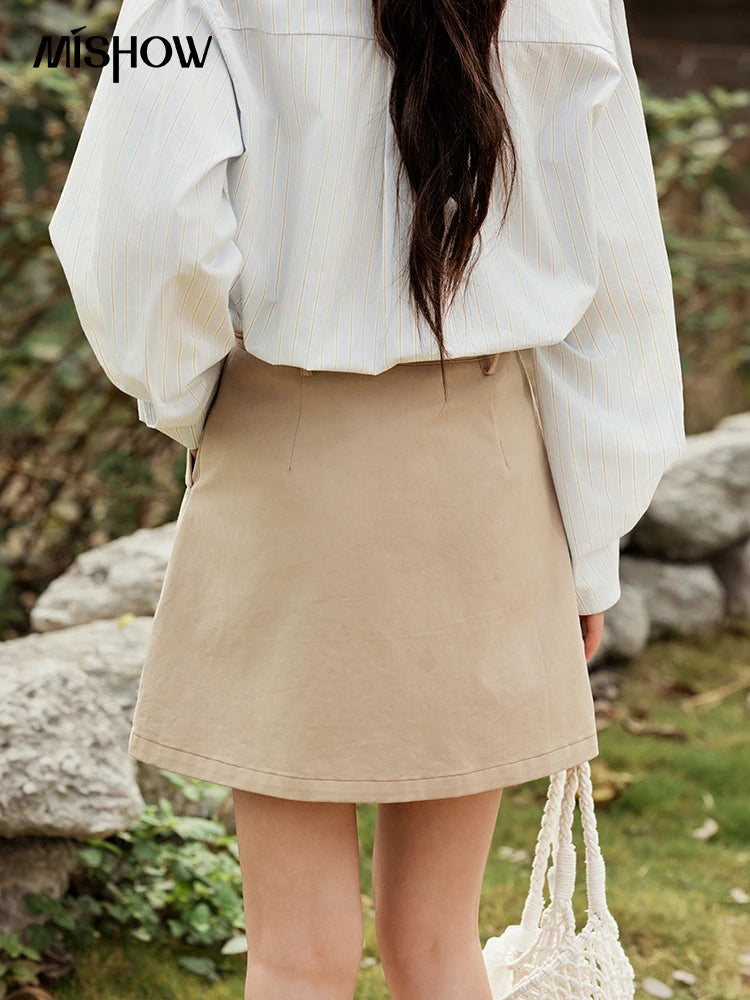 Mishow Khaki A-Line High Waist Pocket Skirt MXE15B0696
