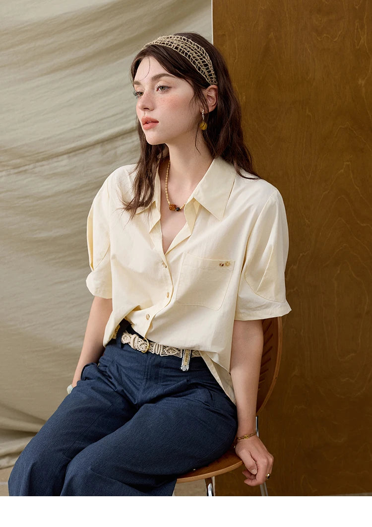 MISHOW French Turn-Down Collar Short Sleeve Solid Blouse MXE33C0778