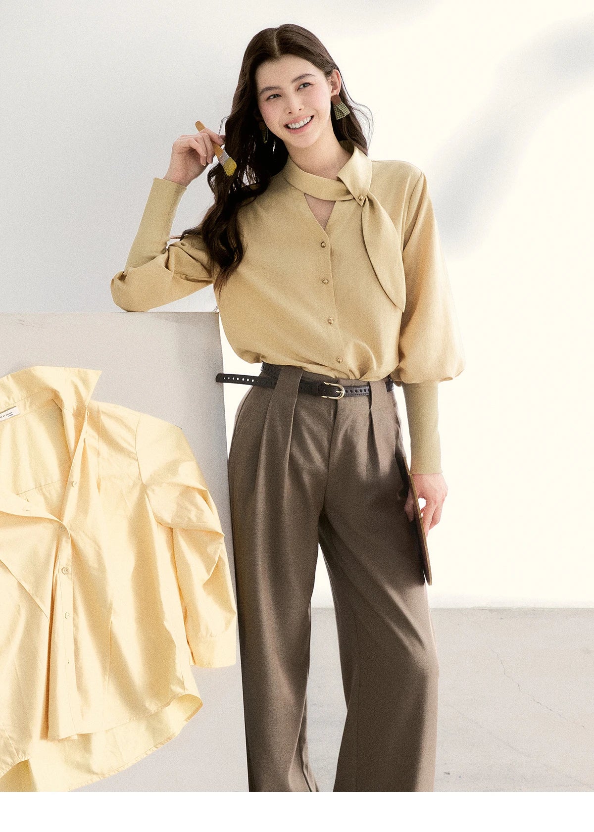 MISHOW Women's Tie Neck Shirt Hollow Out Knitted Patchwork Puff Sleeve MXF108C0812